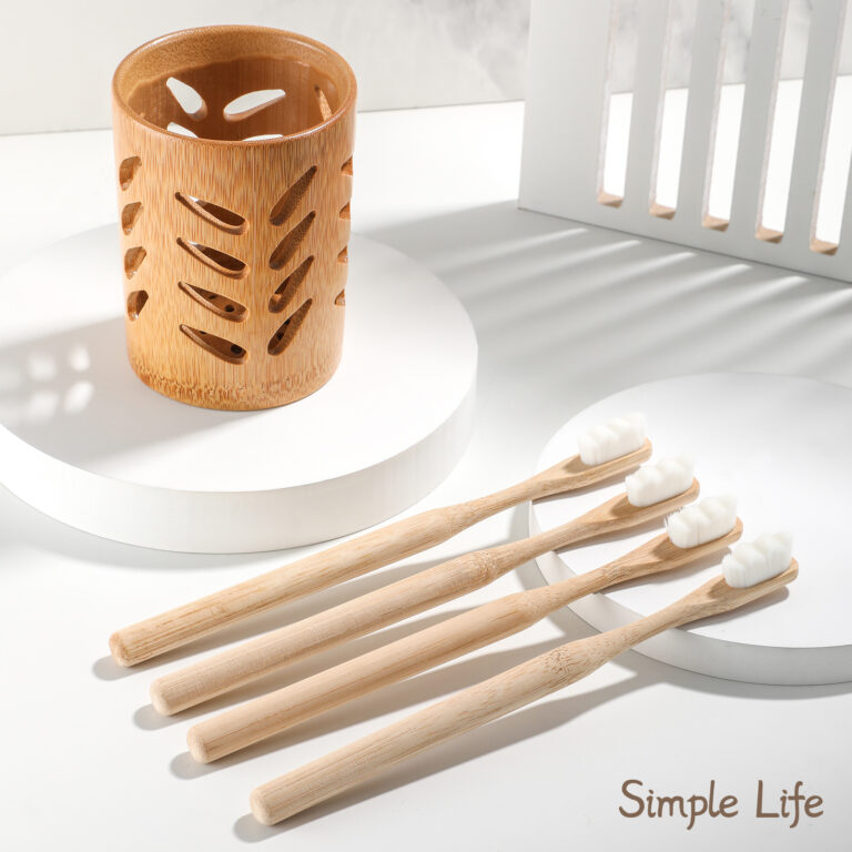 Bamboo wood toothbrush set with ultra-fine dense charcoal bristles and bamboo storage cup