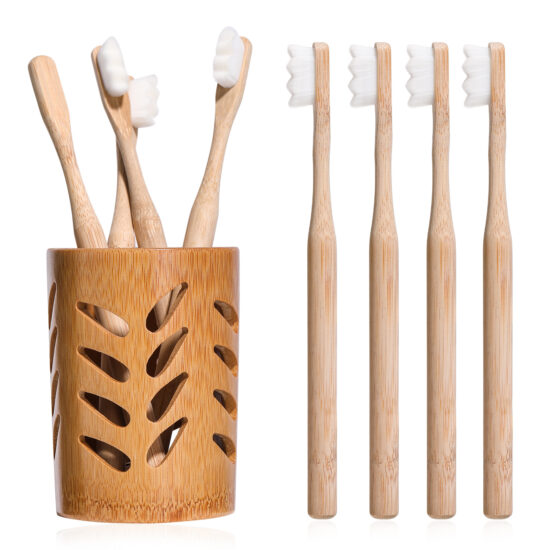 Bamboo wood toothbrush set with ultra-fine dense charcoal bristles and bamboo storage cup