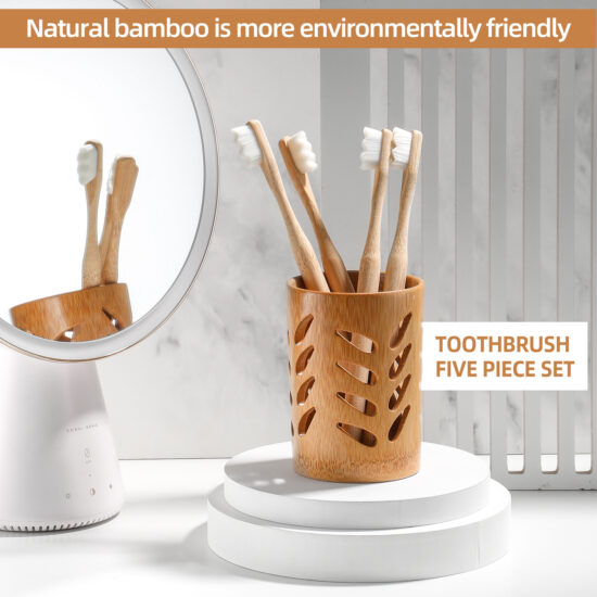 Bamboo wood toothbrush set with ultra-fine dense charcoal bristles and bamboo storage cup