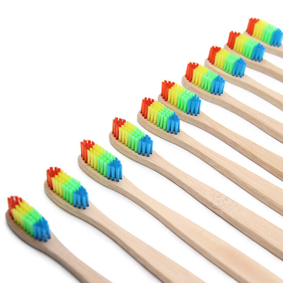 Rainbow Bamboo Toothbrush with Colorful Bristles and Kraft Paper Box for Eco Hotel Use