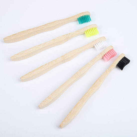 Children’s bamboo toothbrush with wavy soft bristles and thick curved bamboo handle

