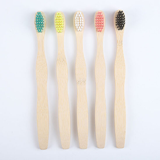 Children’s bamboo toothbrush with wavy soft bristles and thick curved bamboo handle

