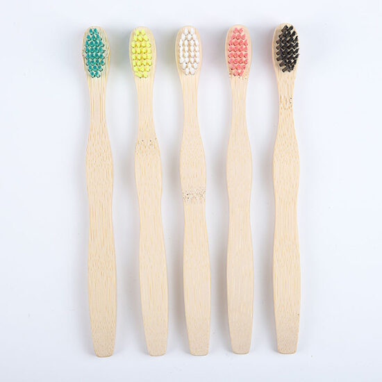 Children’s bamboo toothbrush with wavy soft bristles and thick curved bamboo handle

