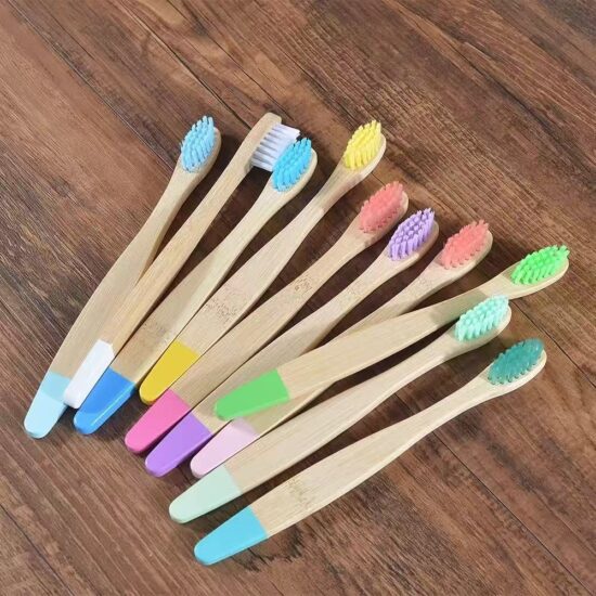 Children’s bamboo toothbrush with painted flat handle and soft nylon bristles