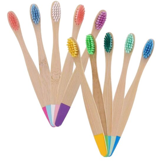 Children’s bamboo toothbrush with painted flat handle and soft nylon bristles