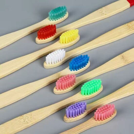 Children’s bamboo toothbrush with painted flat handle and soft nylon bristles
