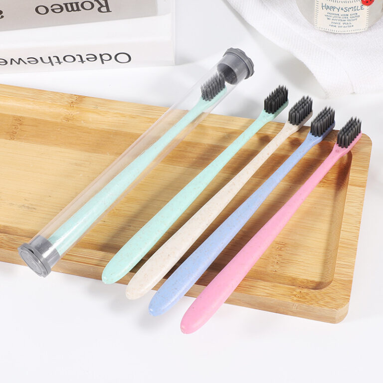 Portable wheat straw toothbrush with soft charcoal bristles in travel tube