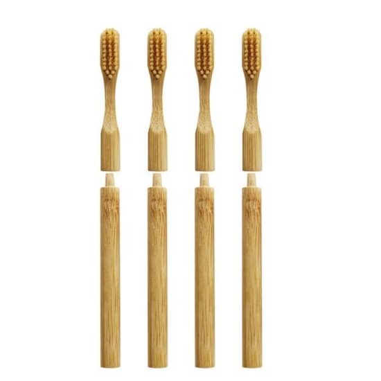 Replaceable bamboo toothbrush with cylindrical handle and small soft head