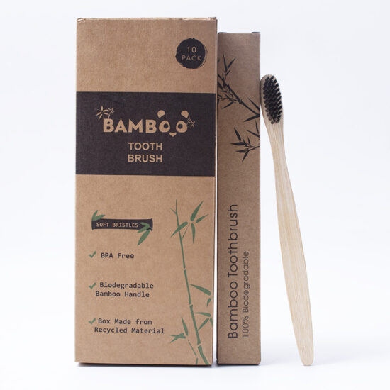 Multi-Pack Adult Bamboo Toothbrushes with Pointed Flat Handle and Charcoal Tapered Bristles