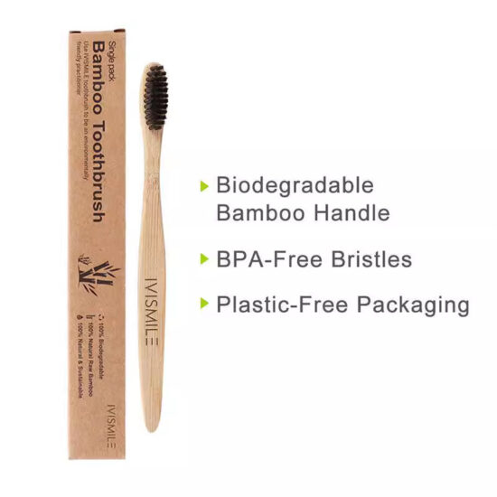 Eco-friendly bamboo toothbrush with flat round head and soft nylon bristles, portable design