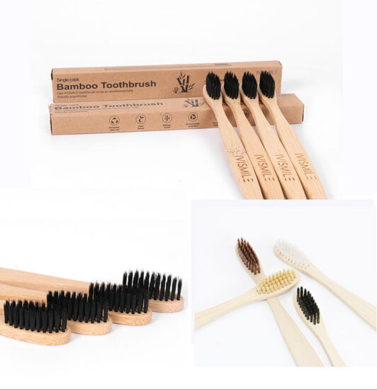 Eco-friendly bamboo toothbrush with flat round head and soft nylon bristles, portable design