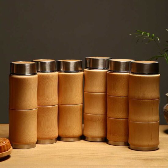 Bamboo thermal cup with lid, insulated tea tumbler for office or travel