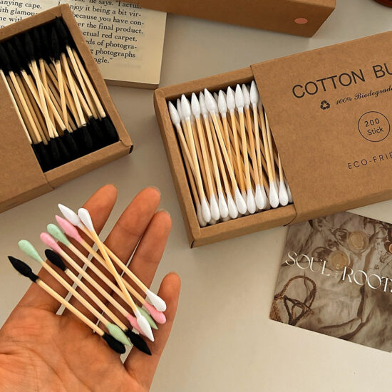 Double-ended bamboo cotton swabs for ear cleaning and makeup use, bulk pack


