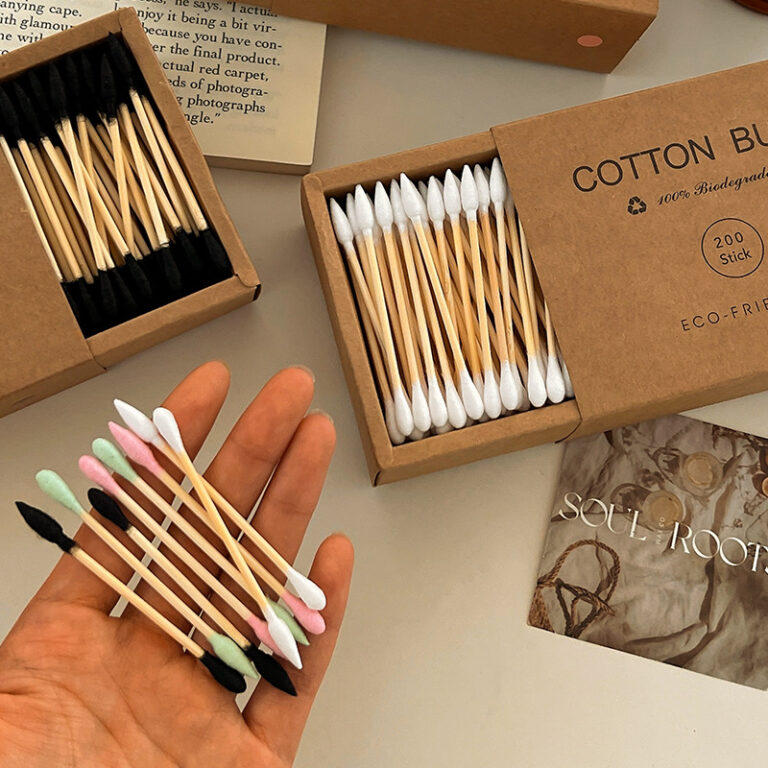 Double-ended bamboo cotton swabs for ear cleaning and makeup use, bulk pack