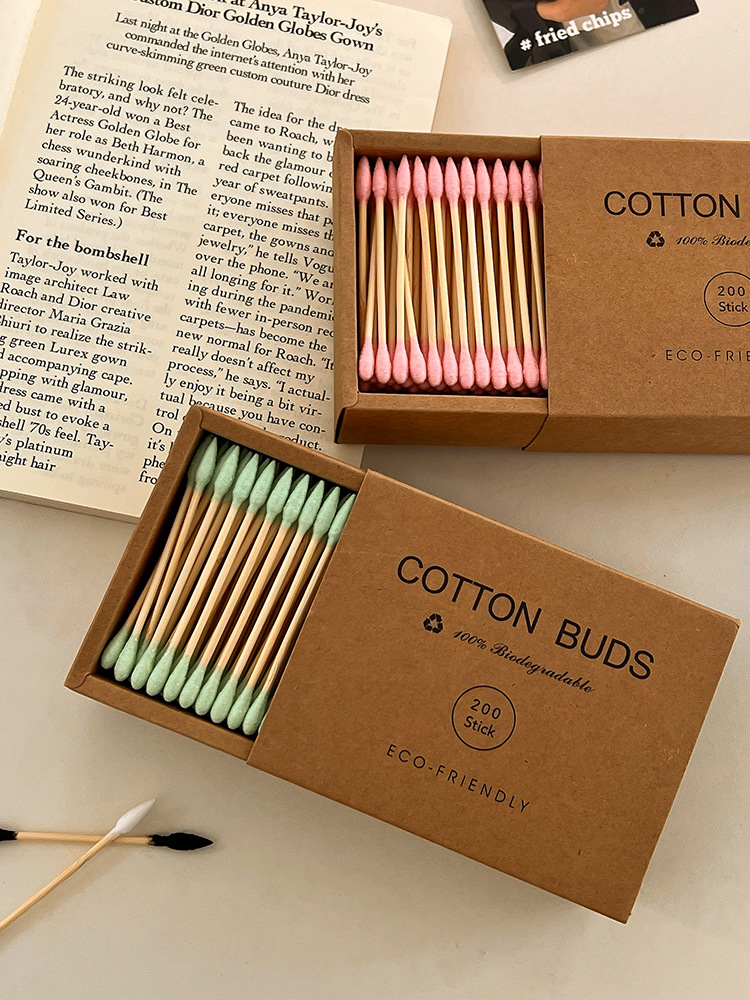 Double-ended bamboo cotton swabs for ear cleaning and makeup use, bulk pack