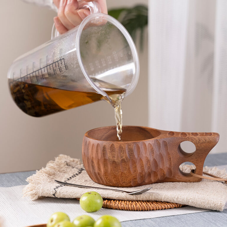 Rustic South American walnut wood coffee cup with handle and hanging rope ✅图片TITLE文字：