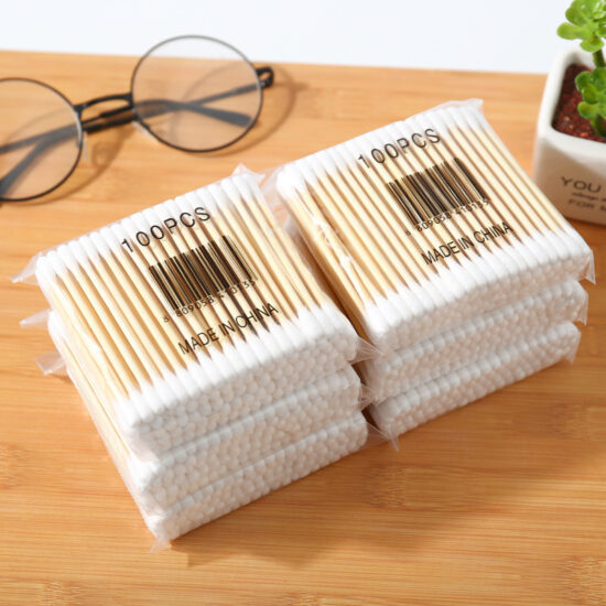 Double-ended disposable cotton swabs with bamboo sticks for makeup and hygiene