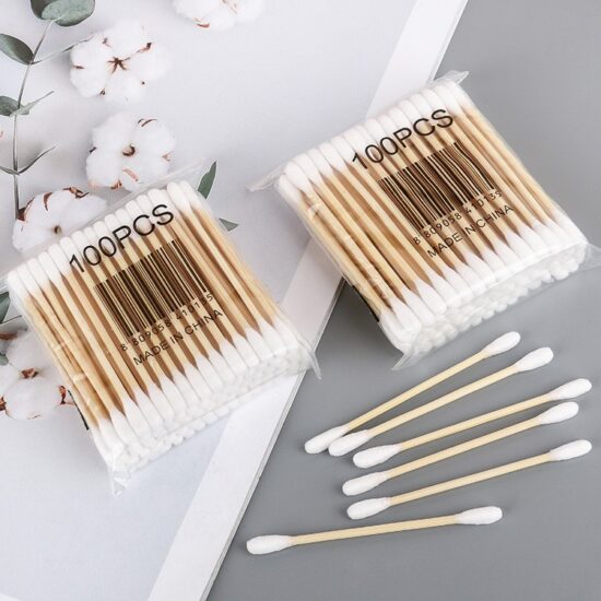 Multi-purpose double-ended wooden cotton swabs for ear cleaning and makeup use
