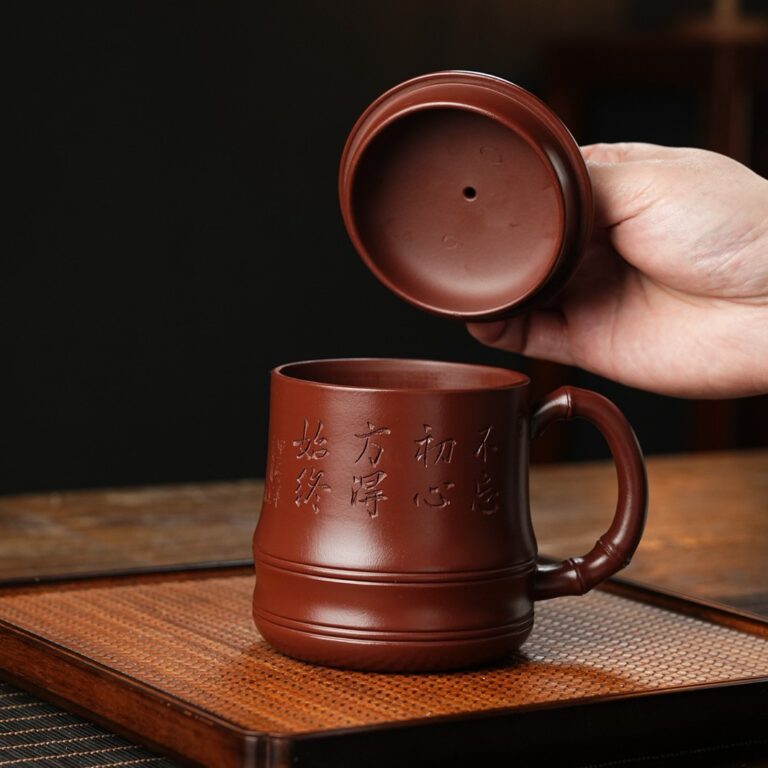 Handmade Yixing Zisha bamboo-style tea mug with lid for men, office, or gifting