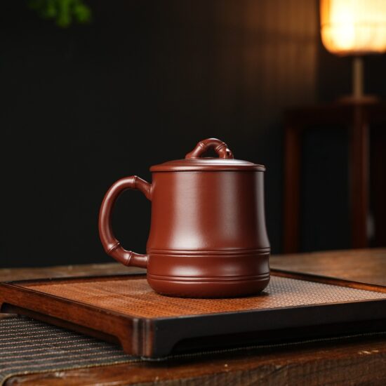 Handmade Yixing Zisha bamboo-style tea mug with lid for men, office, or gifting