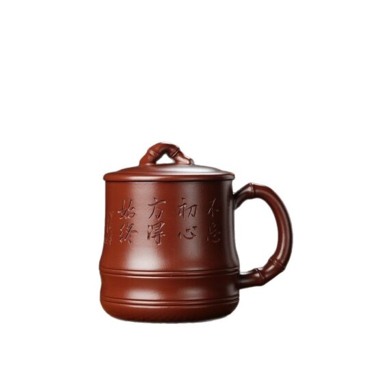 Handmade Yixing Zisha bamboo-style tea mug with lid for men, office, or gifting