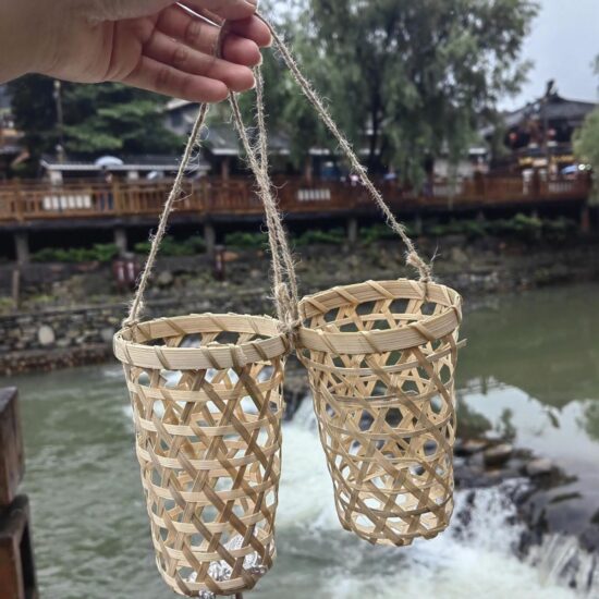 Handwoven bamboo tube milk tea cup with unique bamboo basket design
