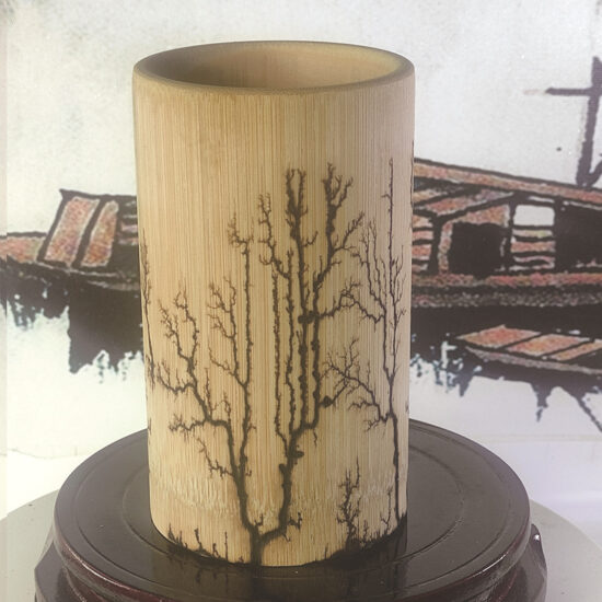 Burnt wood bamboo pen holder or tea cup with Chinese ink-style painting design