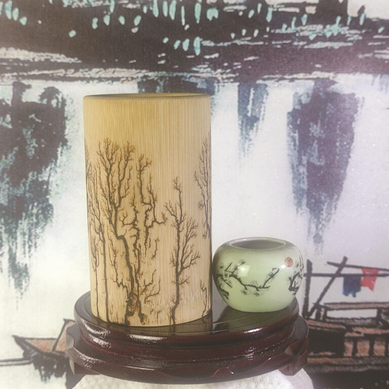 Burnt wood bamboo pen holder or tea cup with Chinese ink-style painting design