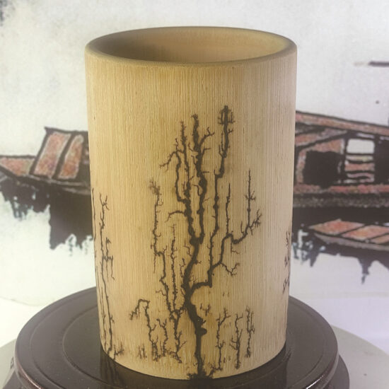 Burnt wood bamboo pen holder or tea cup with Chinese ink-style painting design