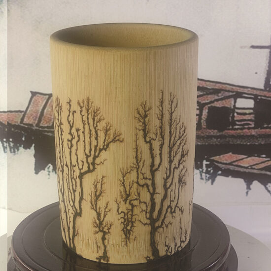 Burnt wood bamboo pen holder or tea cup with Chinese ink-style painting design