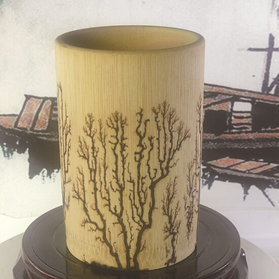 Burnt wood bamboo pen holder or tea cup with Chinese ink-style painting design