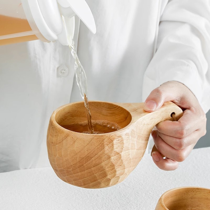 Japanese-style large wooden milk and tea cup with engraved logo option