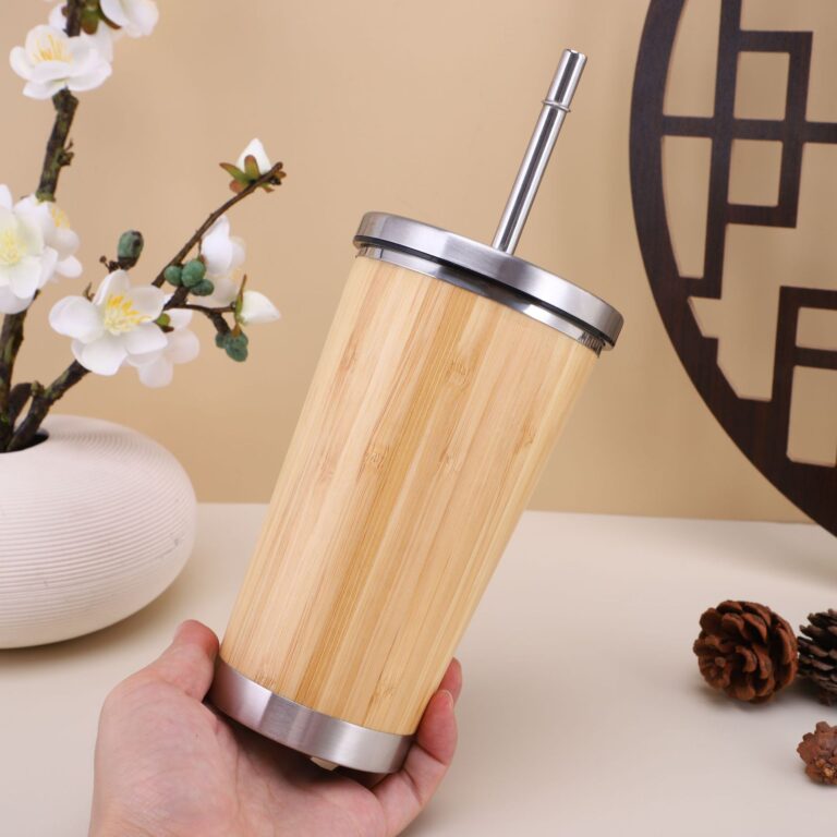Eco-friendly bamboo drinking cup with handle, natural reusable mug