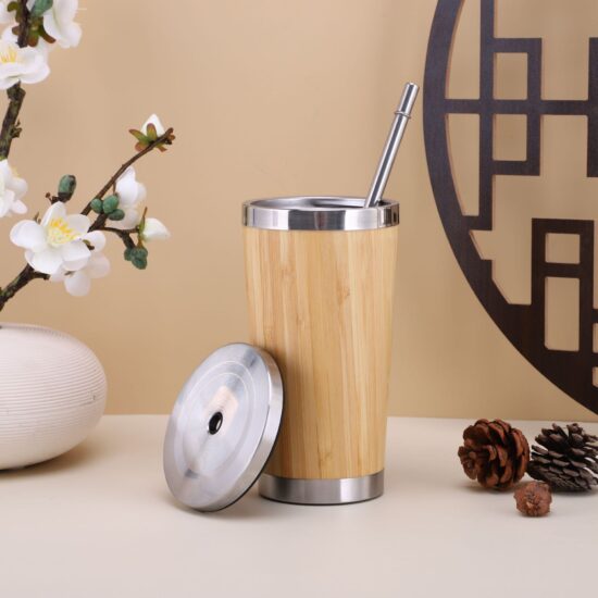 Eco-friendly bamboo drinking cup with handle, natural reusable mug