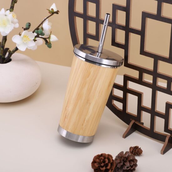 Eco-friendly bamboo drinking cup with handle, natural reusable mug