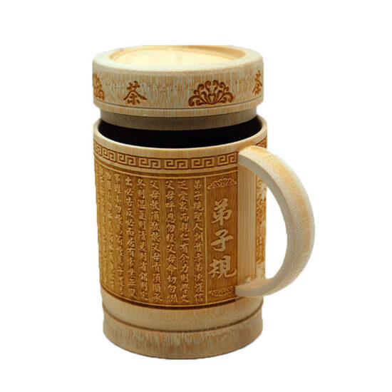 Hand-carved bamboo mug with lid and handle, natural tea gift cup