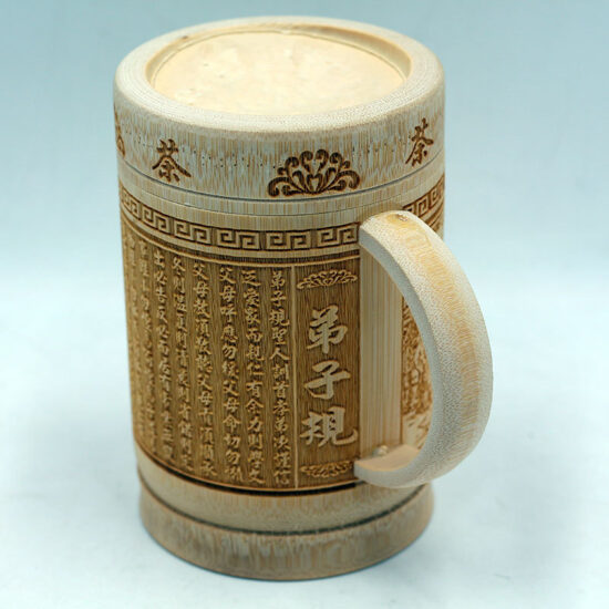 Hand-carved bamboo mug with lid and handle, natural tea gift cup