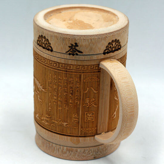 Hand-carved bamboo mug with lid and handle, natural tea gift cup