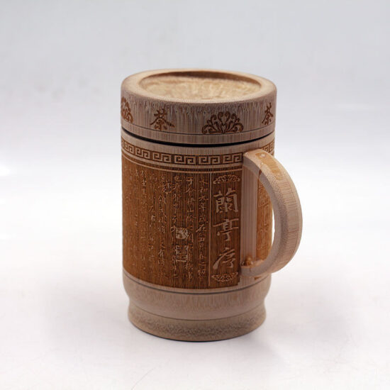 Hand-carved bamboo mug with lid and handle, natural tea gift cup
