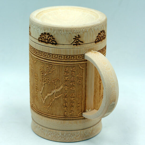 Hand-carved bamboo mug with lid and handle, natural tea gift cup