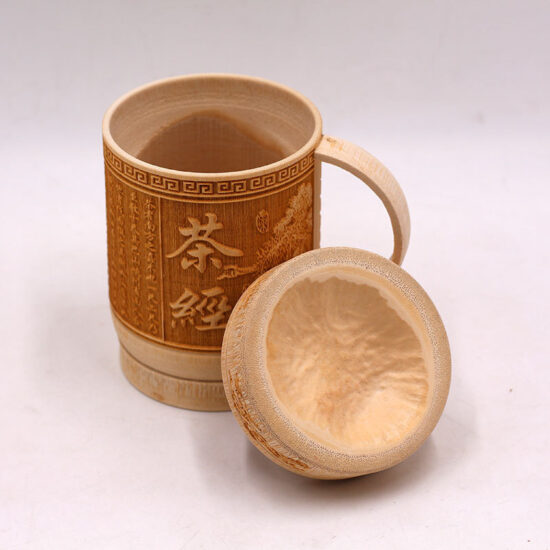 Hand-carved bamboo mug with lid and handle, natural tea gift cup