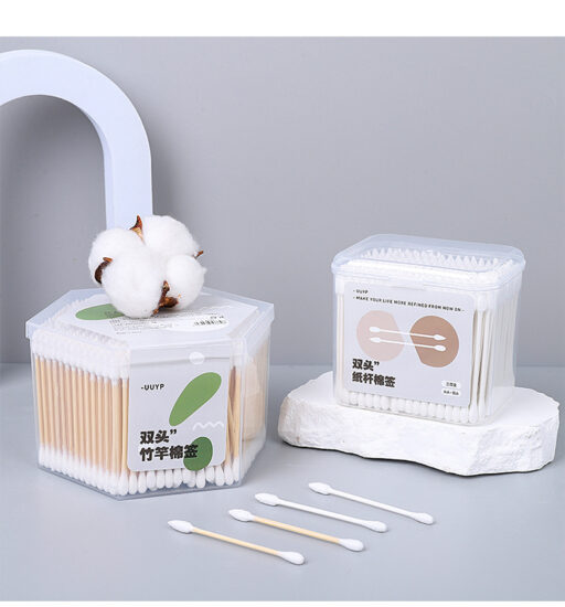 Minimalist double-ended bamboo cotton swabs boxed for makeup removal and ear cleaning