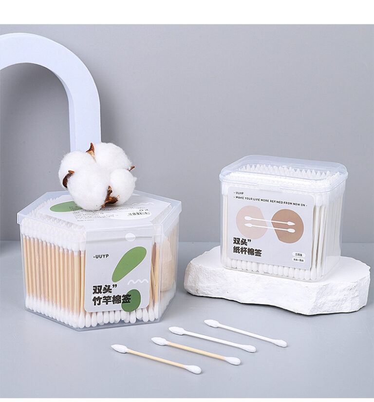 Minimalist double-ended bamboo cotton swabs boxed for makeup removal and ear cleaning