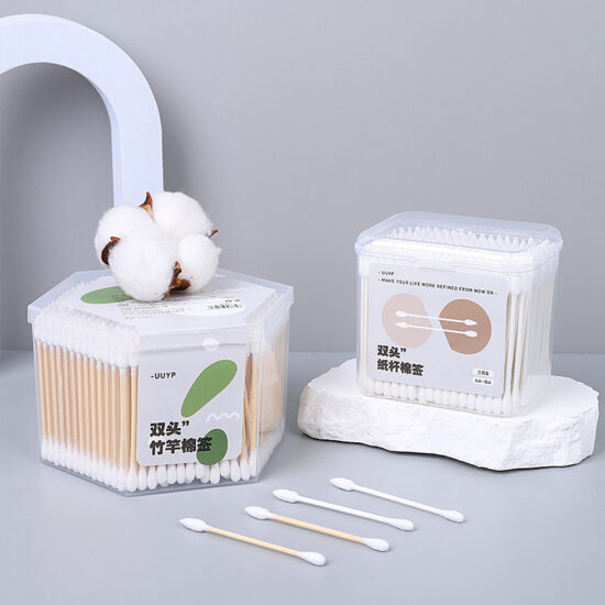 Minimalist double-ended bamboo cotton swabs boxed for makeup removal and ear cleaning