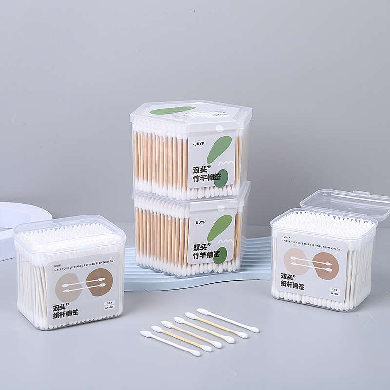 Minimalist double-ended bamboo cotton swabs boxed for makeup removal and ear cleaning