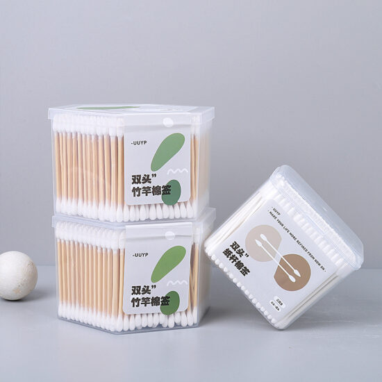 Minimalist double-ended bamboo cotton swabs boxed for makeup removal and ear cleaning