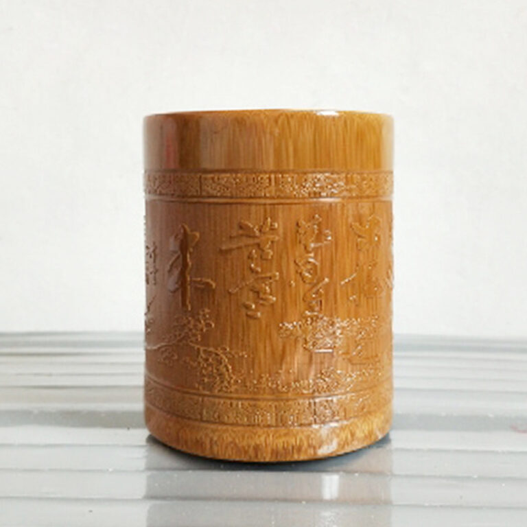 Hand-polished bamboo cup with engraved carving – multi-use pen holder or souvenir
