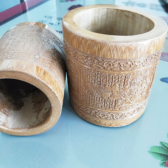 Hand-polished bamboo cup with engraved carving – multi-use pen holder or souvenir