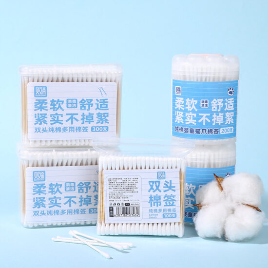 Blinds-shaped disposable double cotton swabs with wooden sticks for cosmetic and hygiene use