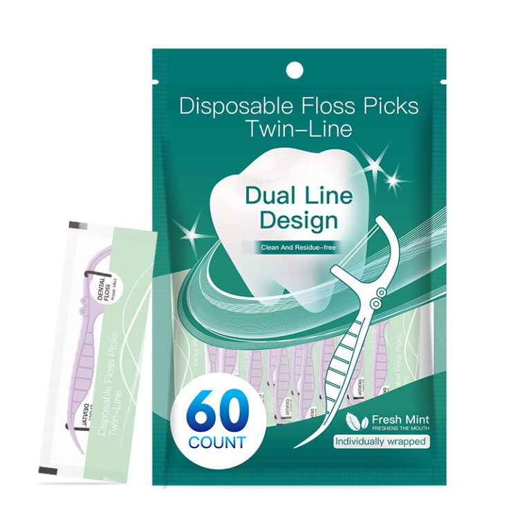 60-count individually wrapped mint dental floss picks with double-line design in English export packaging